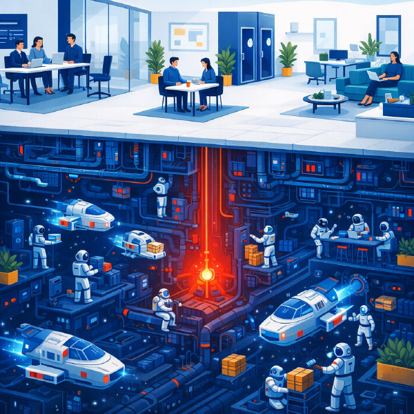 Open-plan office above, factory floor below